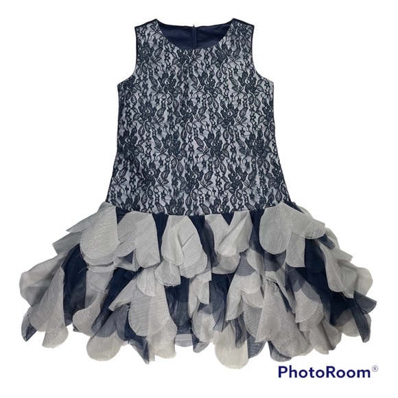 NWOT Blue Glittery Lace Dress Scallop Sweep - Picture 8 of 9